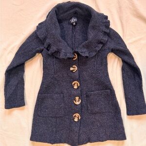 Women's Blue Grey 100% Wool Ruffled Coat
